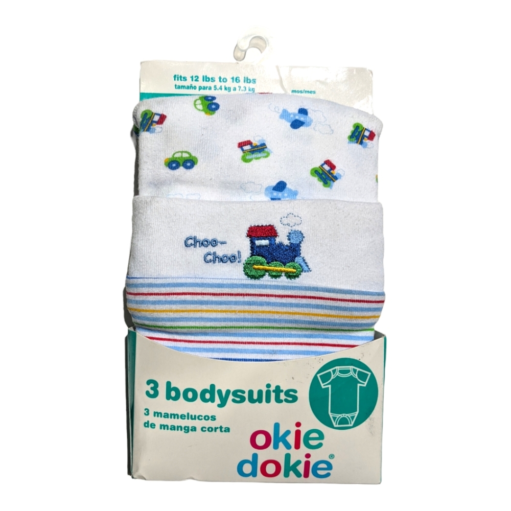 okie dokie 3-6m Train/Choo-choo/Striped Onesies (3) pack